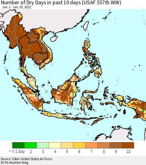 South East Asia Number of Dry Days in past 10 days (USAF 557th WW) Thematic Map For 1/6/2022 - 1/10/2022