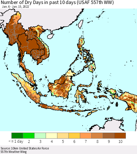 South East Asia Number of Dry Days in past 10 days (USAF 557th WW) Thematic Map For 1/11/2022 - 1/15/2022