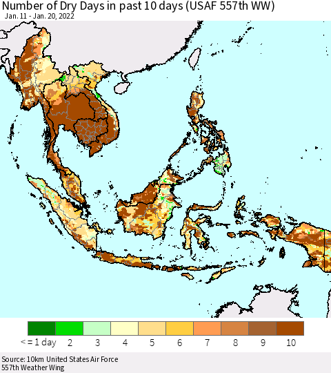 South East Asia Number of Dry Days in past 10 days (USAF 557th WW) Thematic Map For 1/16/2022 - 1/20/2022