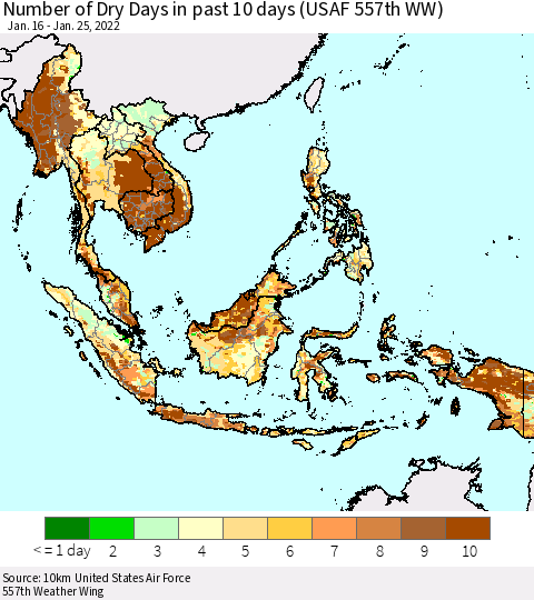 South East Asia Number of Dry Days in past 10 days (USAF 557th WW) Thematic Map For 1/21/2022 - 1/25/2022