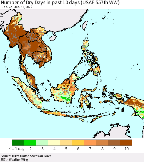 South East Asia Number of Dry Days in past 10 days (USAF 557th WW) Thematic Map For 1/26/2022 - 1/31/2022