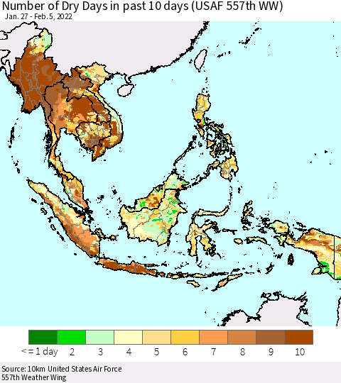 South East Asia Number of Dry Days in past 10 days (USAF 557th WW) Thematic Map For 2/1/2022 - 2/5/2022
