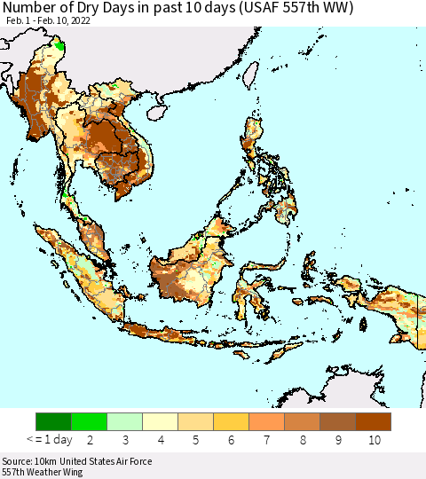 South East Asia Number of Dry Days in past 10 days (USAF 557th WW) Thematic Map For 2/6/2022 - 2/10/2022