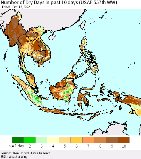 South East Asia Number of Dry Days in past 10 days (USAF 557th WW) Thematic Map For 2/11/2022 - 2/15/2022