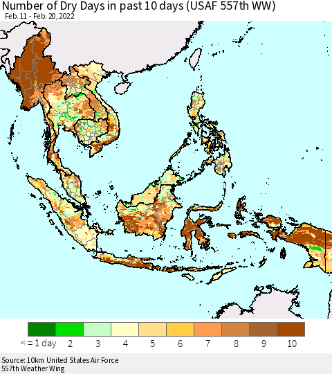 South East Asia Number of Dry Days in past 10 days (USAF 557th WW) Thematic Map For 2/16/2022 - 2/20/2022
