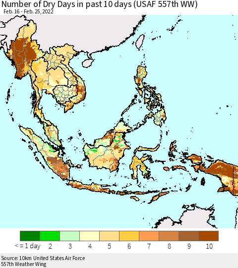 South East Asia Number of Dry Days in past 10 days (USAF 557th WW) Thematic Map For 2/21/2022 - 2/25/2022