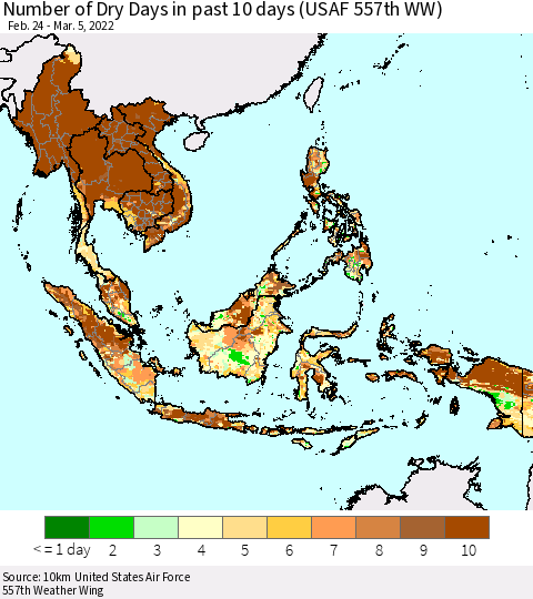 South East Asia Number of Dry Days in past 10 days (USAF 557th WW) Thematic Map For 3/1/2022 - 3/5/2022