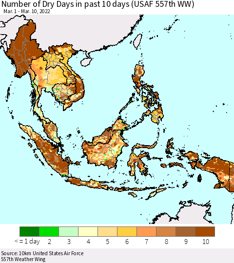 South East Asia Number of Dry Days in past 10 days (USAF 557th WW) Thematic Map For 3/6/2022 - 3/10/2022