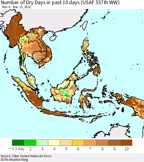 South East Asia Number of Dry Days in past 10 days (USAF 557th WW) Thematic Map For 3/11/2022 - 3/15/2022