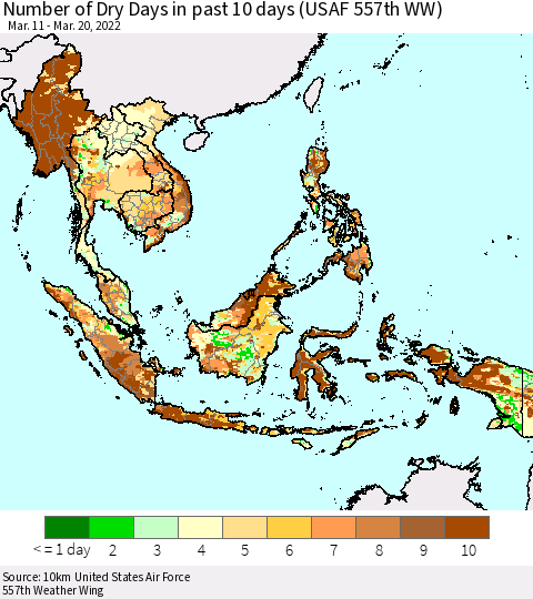 South East Asia Number of Dry Days in past 10 days (USAF 557th WW) Thematic Map For 3/16/2022 - 3/20/2022