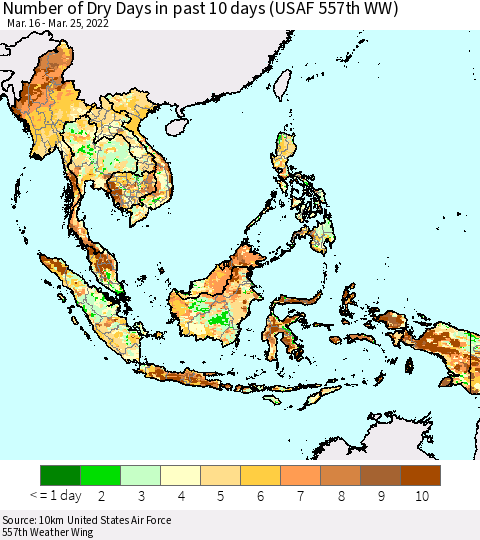 South East Asia Number of Dry Days in past 10 days (USAF 557th WW) Thematic Map For 3/21/2022 - 3/25/2022