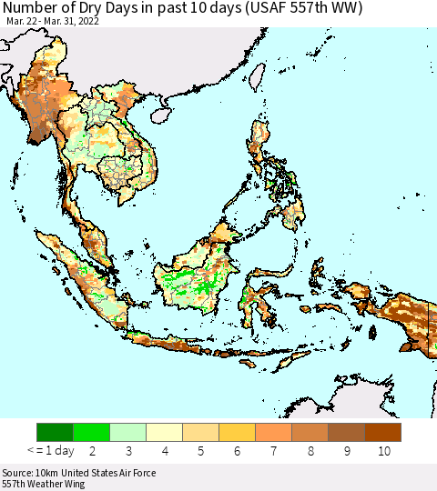 South East Asia Number of Dry Days in past 10 days (USAF 557th WW) Thematic Map For 3/26/2022 - 3/31/2022