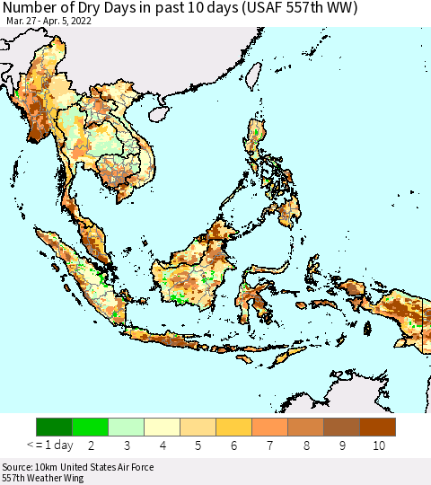 South East Asia Number of Dry Days in past 10 days (USAF 557th WW) Thematic Map For 4/1/2022 - 4/5/2022
