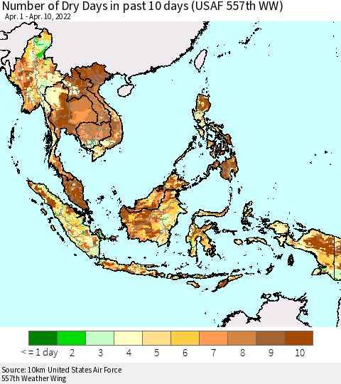 South East Asia Number of Dry Days in past 10 days (USAF 557th WW) Thematic Map For 4/6/2022 - 4/10/2022