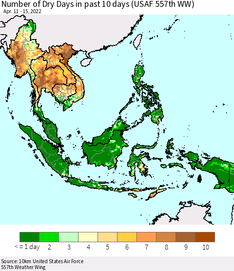 South East Asia Number of Dry Days in past 10 days (USAF 557th WW) Thematic Map For 4/11/2022 - 4/15/2022