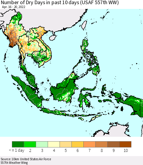 South East Asia Number of Dry Days in past 10 days (USAF 557th WW) Thematic Map For 4/16/2022 - 4/20/2022