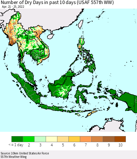 South East Asia Number of Dry Days in past 10 days (USAF 557th WW) Thematic Map For 4/21/2022 - 4/25/2022