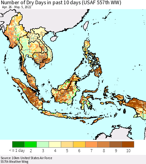 South East Asia Number of Dry Days in past 10 days (USAF 557th WW) Thematic Map For 5/1/2022 - 5/5/2022