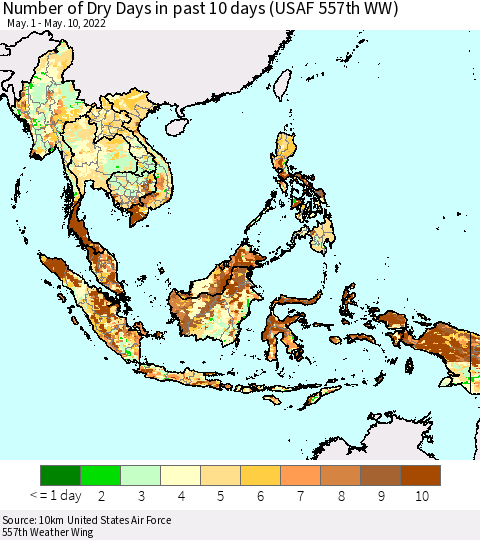 South East Asia Number of Dry Days in past 10 days (USAF 557th WW) Thematic Map For 5/6/2022 - 5/10/2022