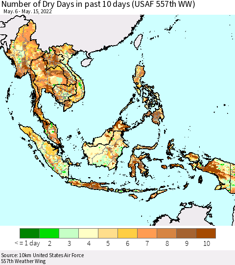South East Asia Number of Dry Days in past 10 days (USAF 557th WW) Thematic Map For 5/11/2022 - 5/15/2022