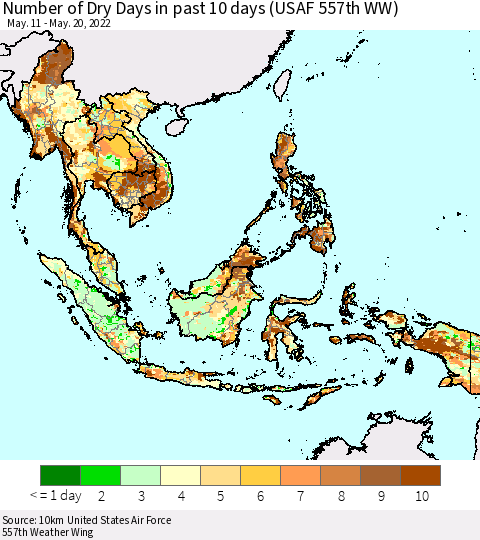 South East Asia Number of Dry Days in past 10 days (USAF 557th WW) Thematic Map For 5/16/2022 - 5/20/2022