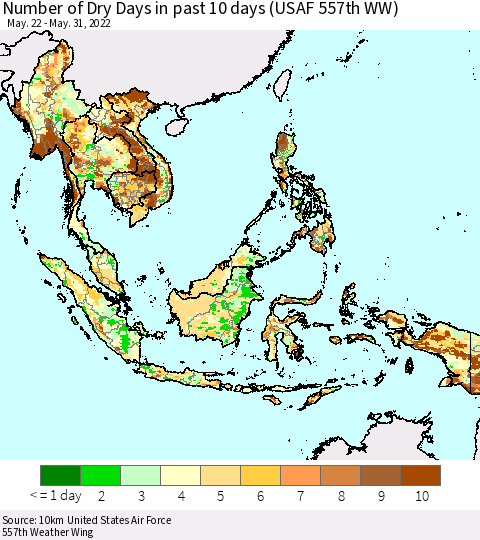 South East Asia Number of Dry Days in past 10 days (USAF 557th WW) Thematic Map For 5/26/2022 - 5/31/2022