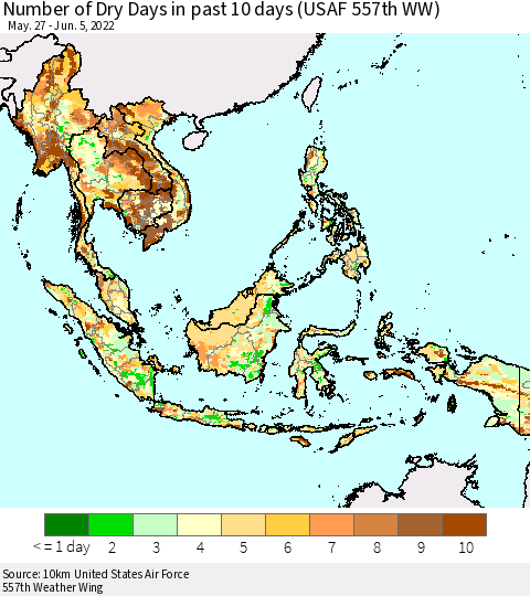 South East Asia Number of Dry Days in past 10 days (USAF 557th WW) Thematic Map For 6/1/2022 - 6/5/2022