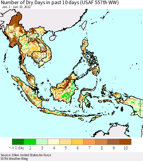 South East Asia Number of Dry Days in past 10 days (USAF 557th WW) Thematic Map For 6/6/2022 - 6/10/2022