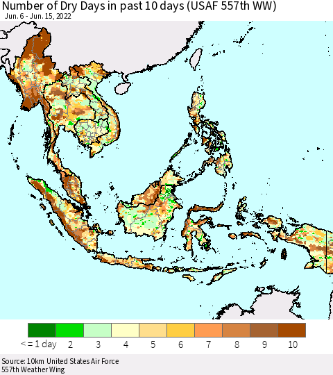 South East Asia Number of Dry Days in past 10 days (USAF 557th WW) Thematic Map For 6/11/2022 - 6/15/2022