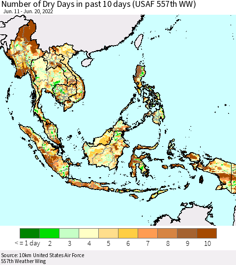 South East Asia Number of Dry Days in past 10 days (USAF 557th WW) Thematic Map For 6/16/2022 - 6/20/2022