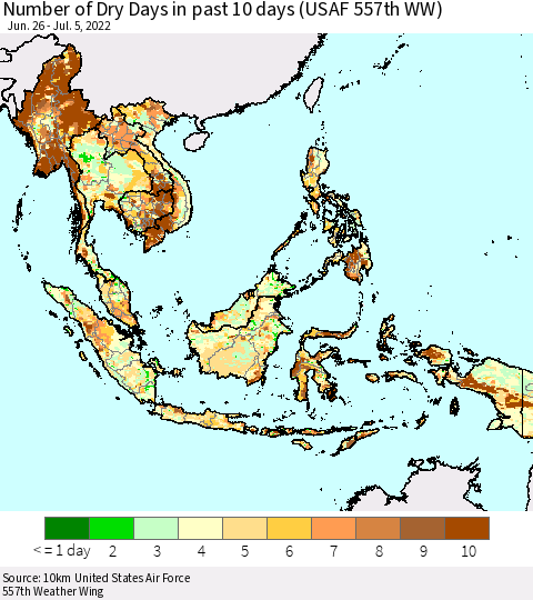 South East Asia Number of Dry Days in past 10 days (USAF 557th WW) Thematic Map For 7/1/2022 - 7/5/2022