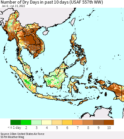 South East Asia Number of Dry Days in past 10 days (USAF 557th WW) Thematic Map For 7/11/2022 - 7/15/2022