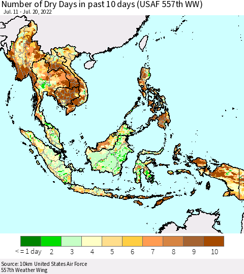 South East Asia Number of Dry Days in past 10 days (USAF 557th WW) Thematic Map For 7/16/2022 - 7/20/2022