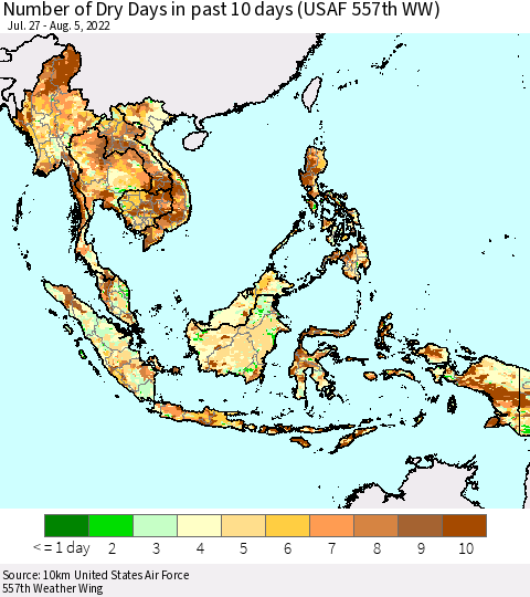 South East Asia Number of Dry Days in past 10 days (USAF 557th WW) Thematic Map For 8/1/2022 - 8/5/2022