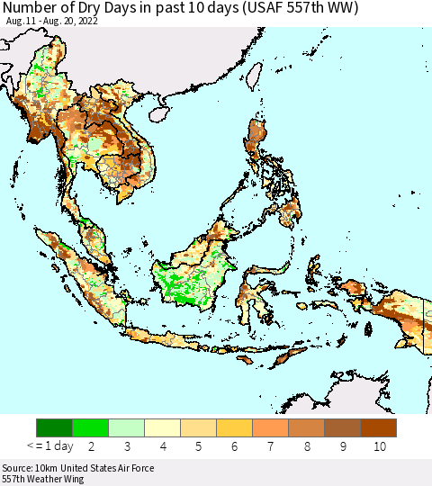 South East Asia Number of Dry Days in past 10 days (USAF 557th WW) Thematic Map For 8/16/2022 - 8/20/2022