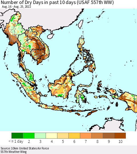 South East Asia Number of Dry Days in past 10 days (USAF 557th WW) Thematic Map For 8/21/2022 - 8/25/2022