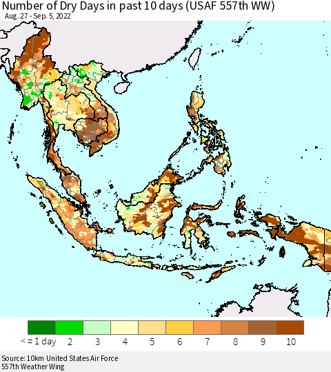 South East Asia Number of Dry Days in past 10 days (USAF 557th WW) Thematic Map For 9/1/2022 - 9/5/2022