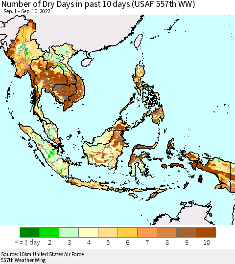 South East Asia Number of Dry Days in past 10 days (USAF 557th WW) Thematic Map For 9/6/2022 - 9/10/2022