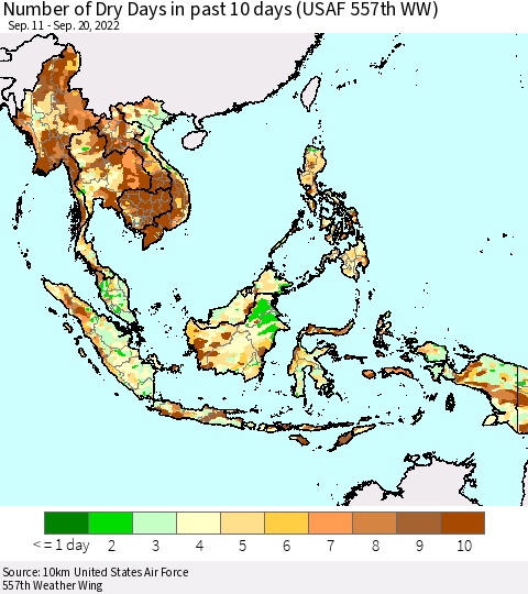 South East Asia Number of Dry Days in past 10 days (USAF 557th WW) Thematic Map For 9/16/2022 - 9/20/2022