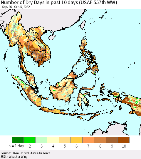 South East Asia Number of Dry Days in past 10 days (USAF 557th WW) Thematic Map For 10/1/2022 - 10/5/2022