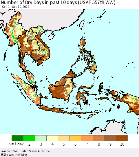South East Asia Number of Dry Days in past 10 days (USAF 557th WW) Thematic Map For 10/6/2022 - 10/10/2022