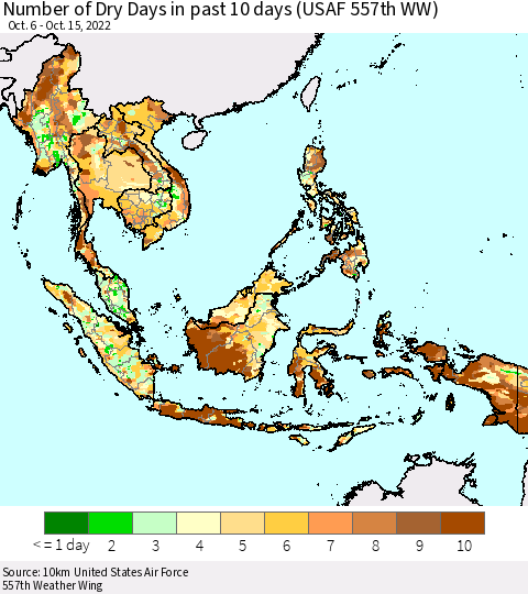 South East Asia Number of Dry Days in past 10 days (USAF 557th WW) Thematic Map For 10/11/2022 - 10/15/2022