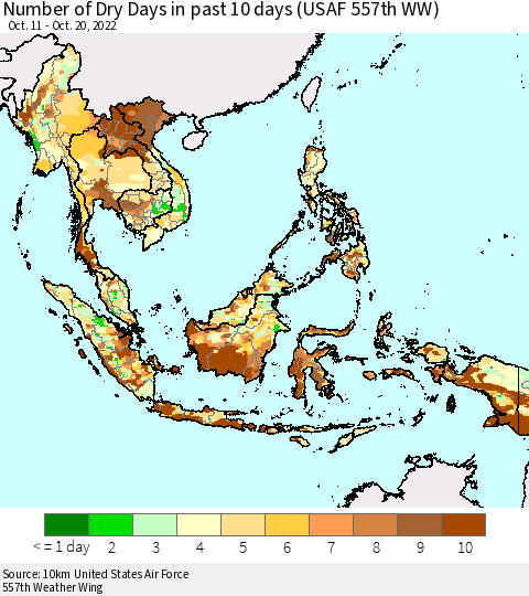 South East Asia Number of Dry Days in past 10 days (USAF 557th WW) Thematic Map For 10/16/2022 - 10/20/2022