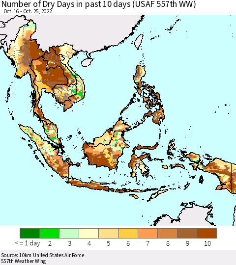 South East Asia Number of Dry Days in past 10 days (USAF 557th WW) Thematic Map For 10/21/2022 - 10/25/2022