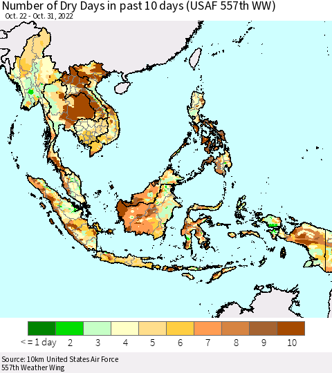 South East Asia Number of Dry Days in past 10 days (USAF 557th WW) Thematic Map For 10/26/2022 - 10/31/2022