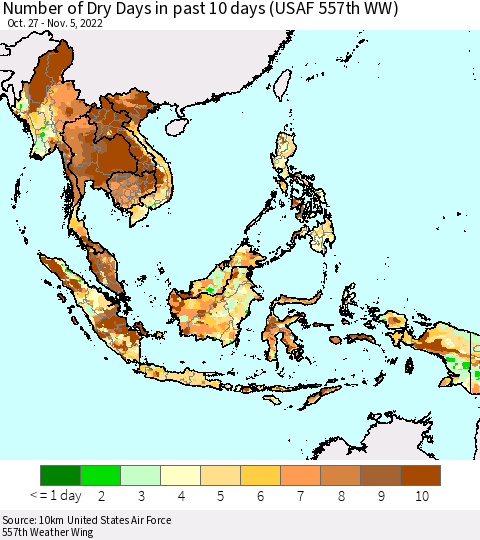 South East Asia Number of Dry Days in past 10 days (USAF 557th WW) Thematic Map For 11/1/2022 - 11/5/2022