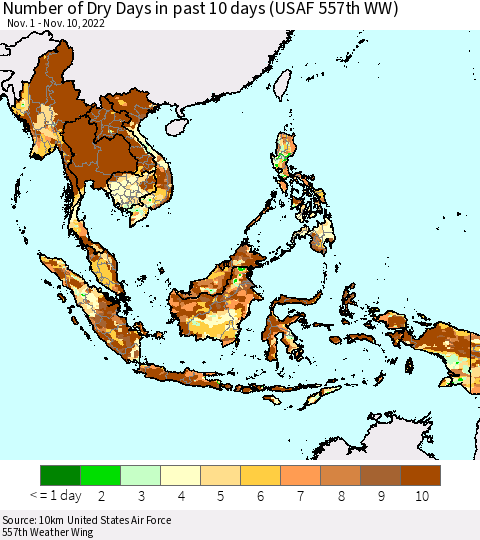 South East Asia Number of Dry Days in past 10 days (USAF 557th WW) Thematic Map For 11/6/2022 - 11/10/2022