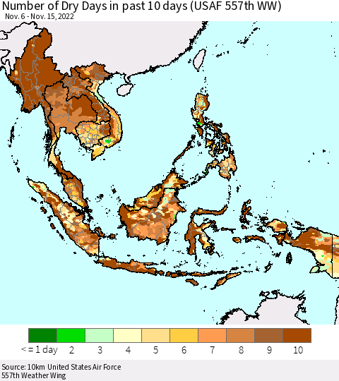 South East Asia Number of Dry Days in past 10 days (USAF 557th WW) Thematic Map For 11/11/2022 - 11/15/2022