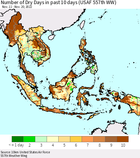 South East Asia Number of Dry Days in past 10 days (USAF 557th WW) Thematic Map For 11/16/2022 - 11/20/2022