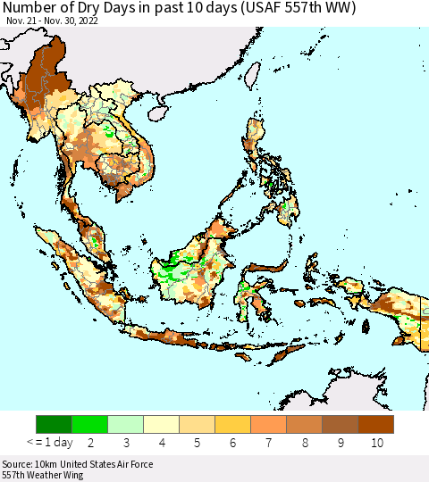 South East Asia Number of Dry Days in past 10 days (USAF 557th WW) Thematic Map For 11/26/2022 - 11/30/2022